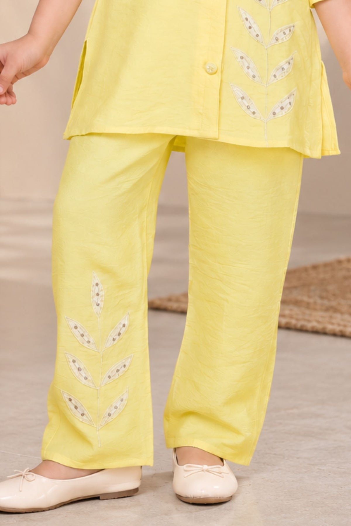 Lemon Yellow Embroidered Casual Co-ord Set for Girls