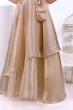 Designer Fawn Bow Embellished Layered Organza Party Wear Gown For Girls