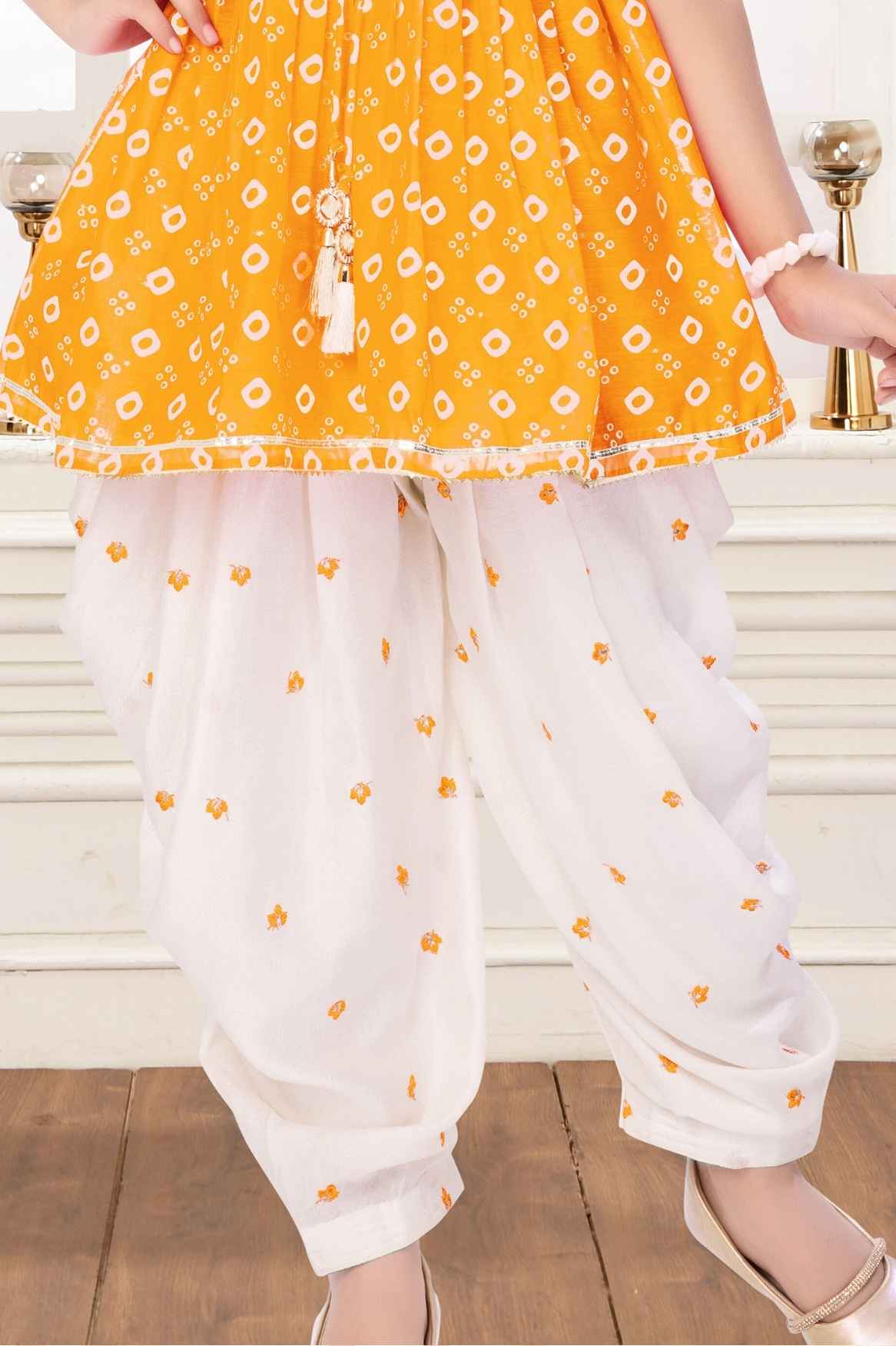 Yellow Bandhani Printed And Embroidered Top With Dhoti Set For Girls