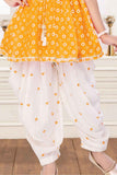 Yellow Bandhani Printed And Embroidered Top With Dhoti Set For Girls