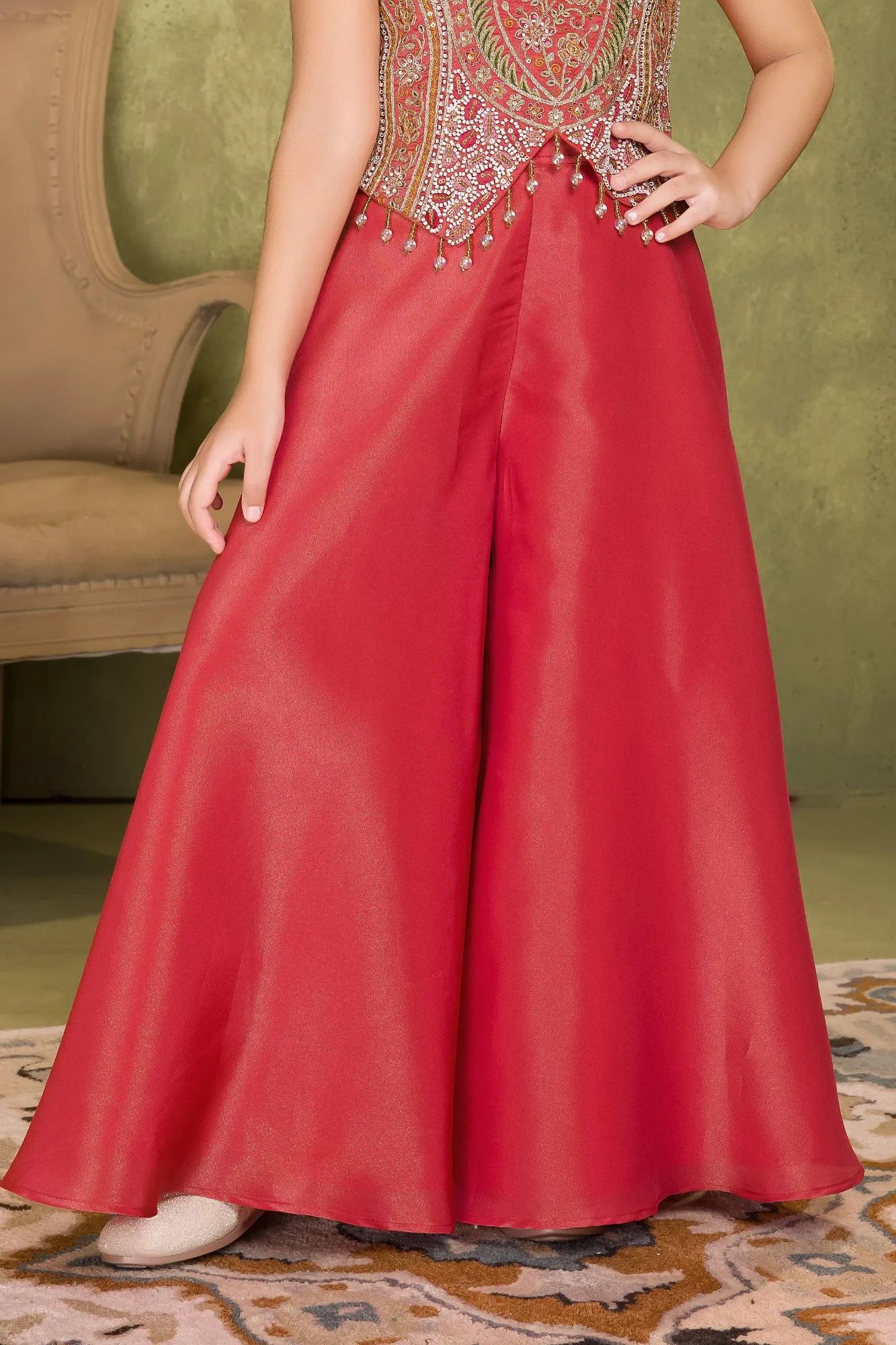 Designer Red Embroidery Palazzo Set For Girls
