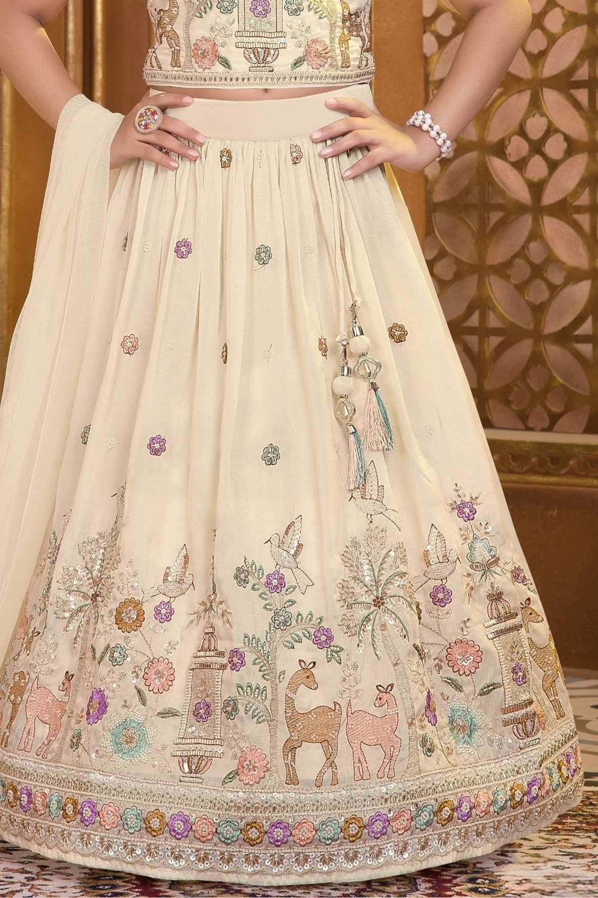 Beige Zari Embroidered Lehenga Choli Set For Girls