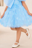 Blue 3D Floral Embellishments Party Wear Frock For Girls