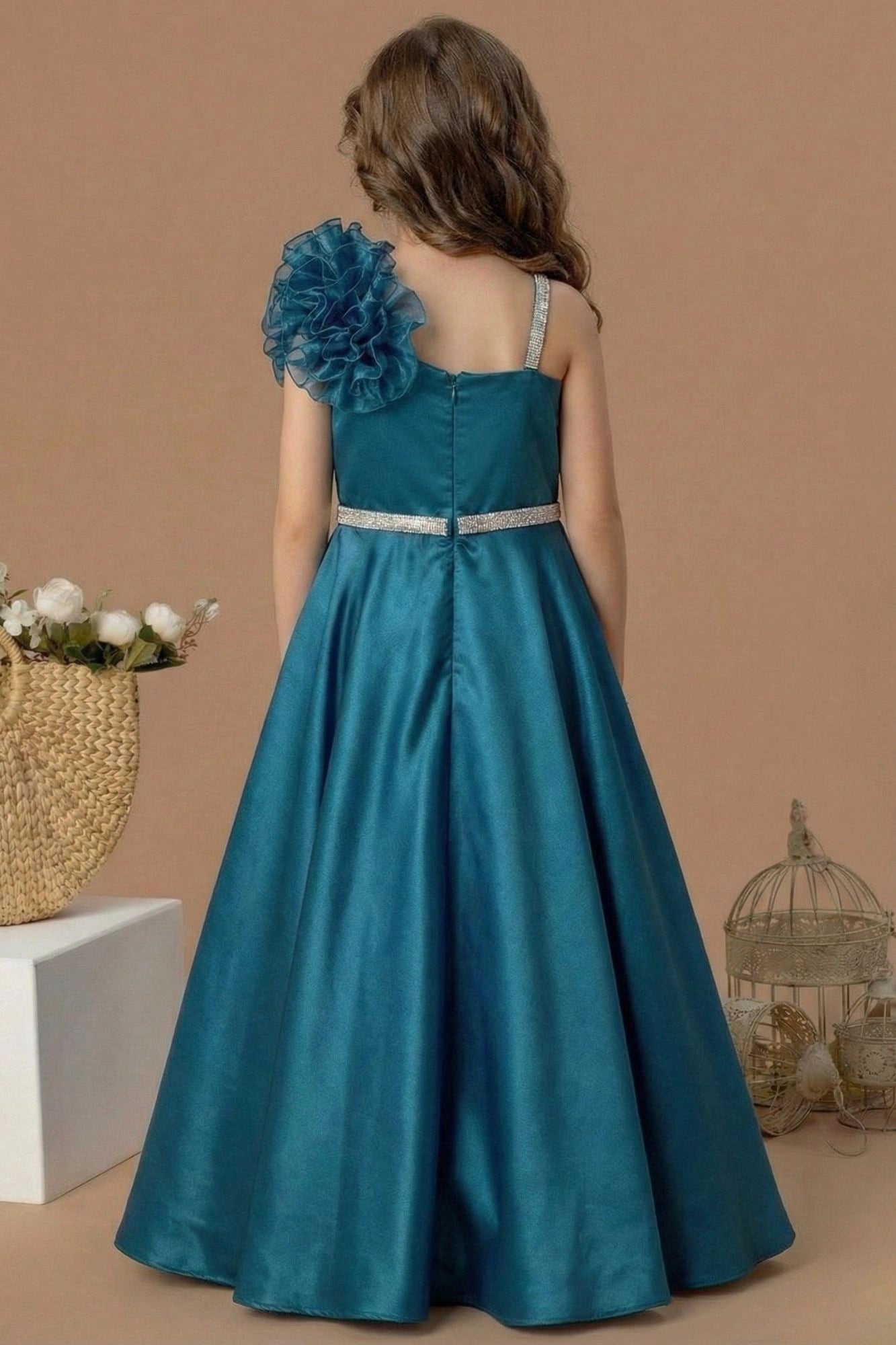 Designer Blue Floral Appliqué Party Wear Gown For Girls