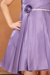 Lavender Satin Frock With Floral Embellishment For Girls