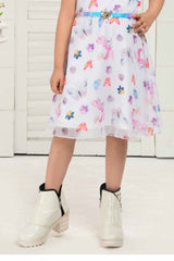 White Sleeveless Floral And Butterfly Printed With Bow Embellished Frock For Girls