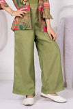 Olive Green Crop Top And Pant Set With Embellished Multicolor Jacket For Girls