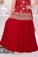 Elegant Red Embroidered Palazzo Set With Dupatta For Girls
