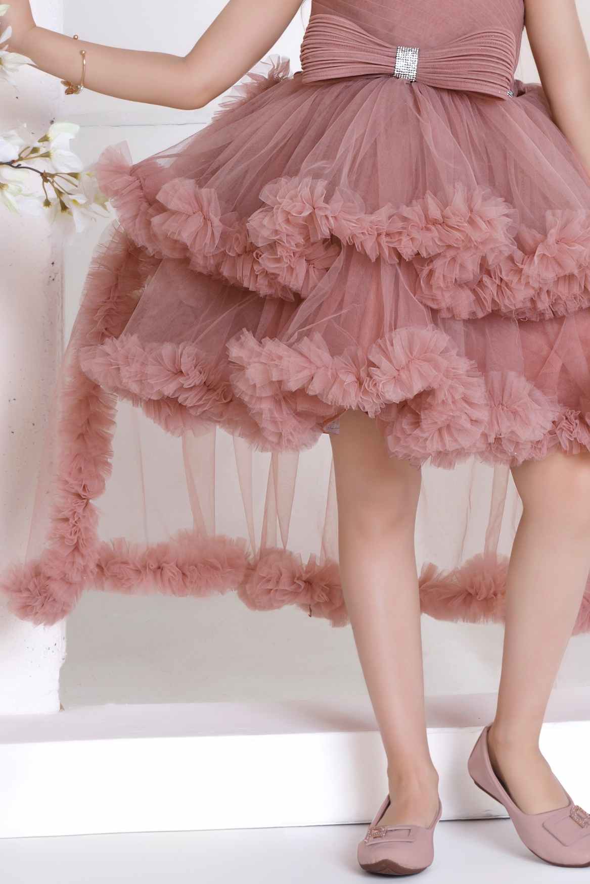 Dusty Pink Ruffle And Layered High-Low Party Tailback Frock for Girls