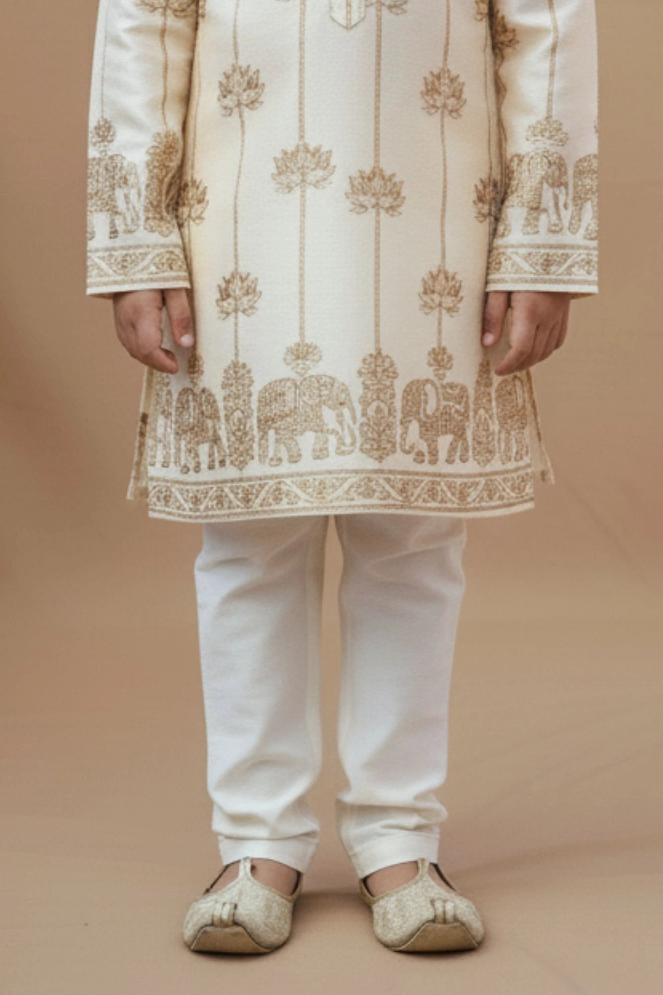 Beige Gold Foil Printed Kurta Set For Boys