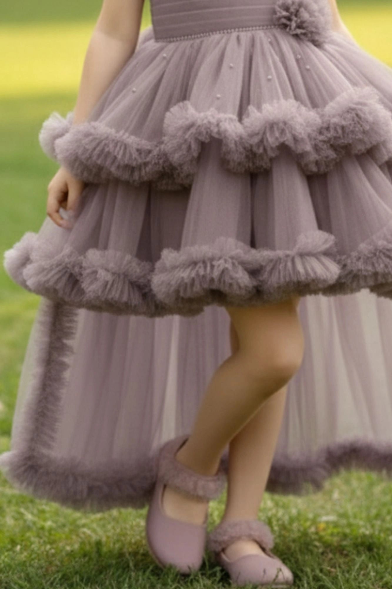 Mauve  Pearl And Stone Work With Floral Embellished Tail Back Frock For Girls