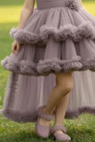 Mauve  Pearl And Stone Work With Floral Embellished Tail Back Frock For Girls