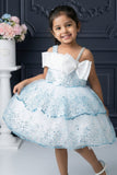 Ice Blue Sequin Layered Ruffle Party Wear Frock With Statement Bow For Girls