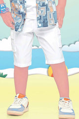 Blue Printed Shirt And T Shirt With White Shorts Set For Boys