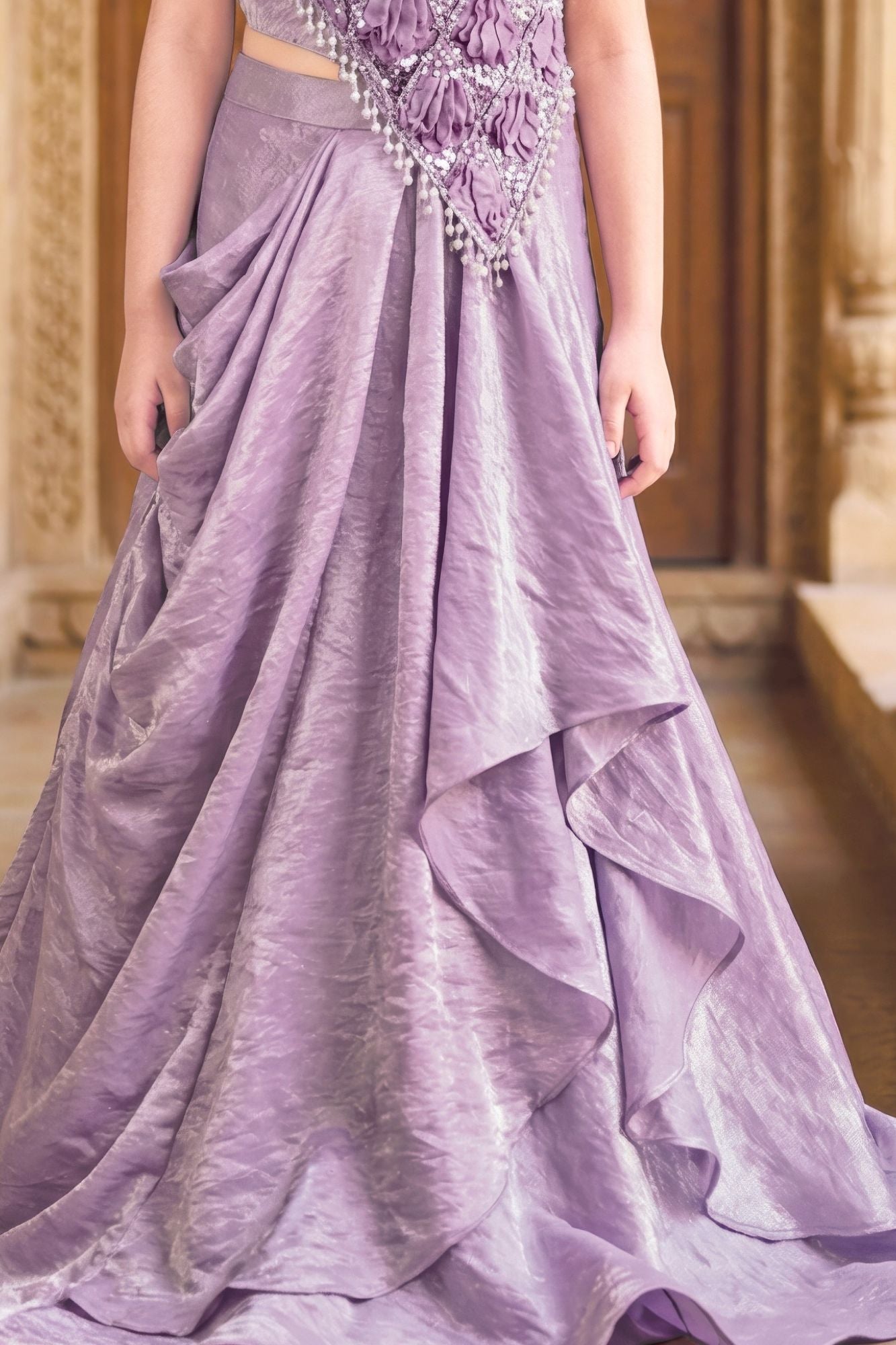 Lavender Embellished Draped Lehenga Set For Girls