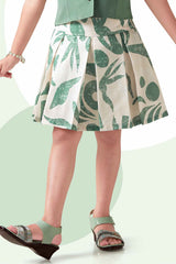 Olive Green Printed Skirt With Top Set For Girls