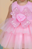 Pink Floral Embellished And Sequins Work Layered Party Wear Frock For Girls