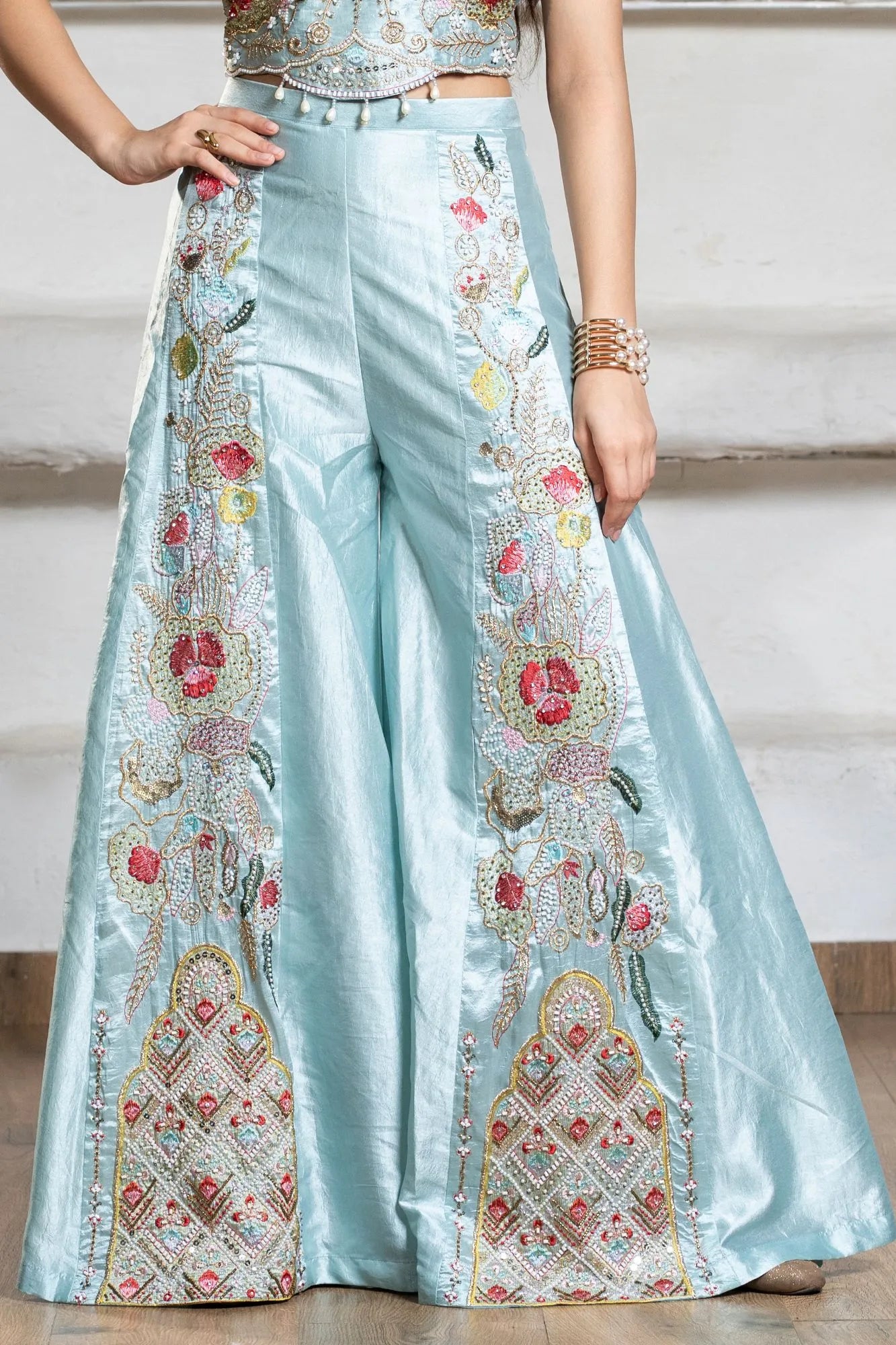 Aqua Blue Heavy Embroidered Crop Top with Flowing Palazzo For Girls