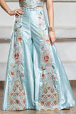 Aqua Blue Heavy Embroidered Crop Top with Flowing Palazzo For Girls