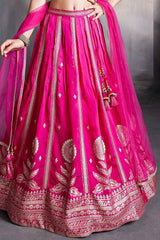 Pink Mirror Work And Zari Embroidered Lehenga Choli For Girls