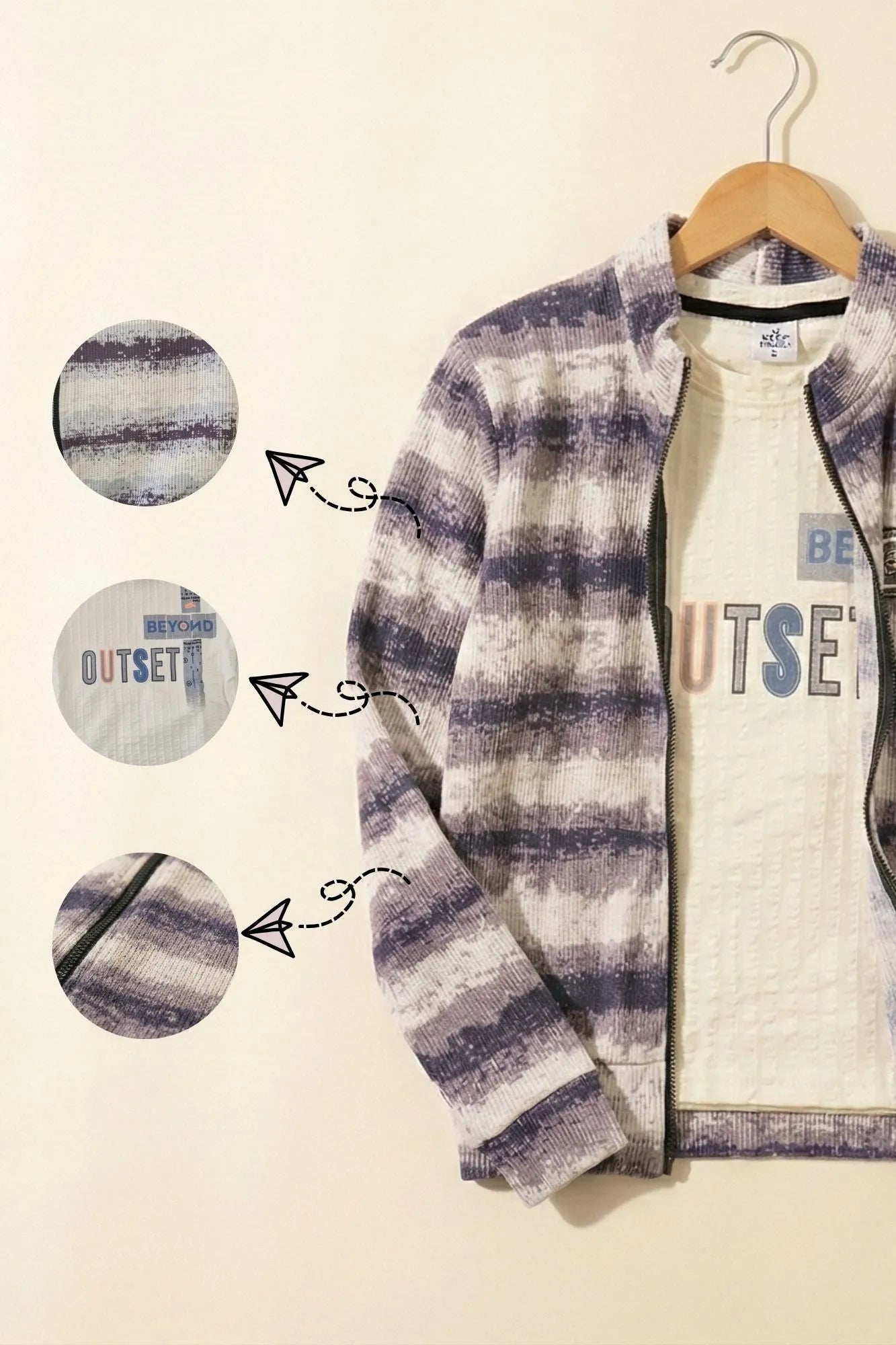 Blue & White Striped Zip-Up Jacket With Graphic Tshirt Set For Boys