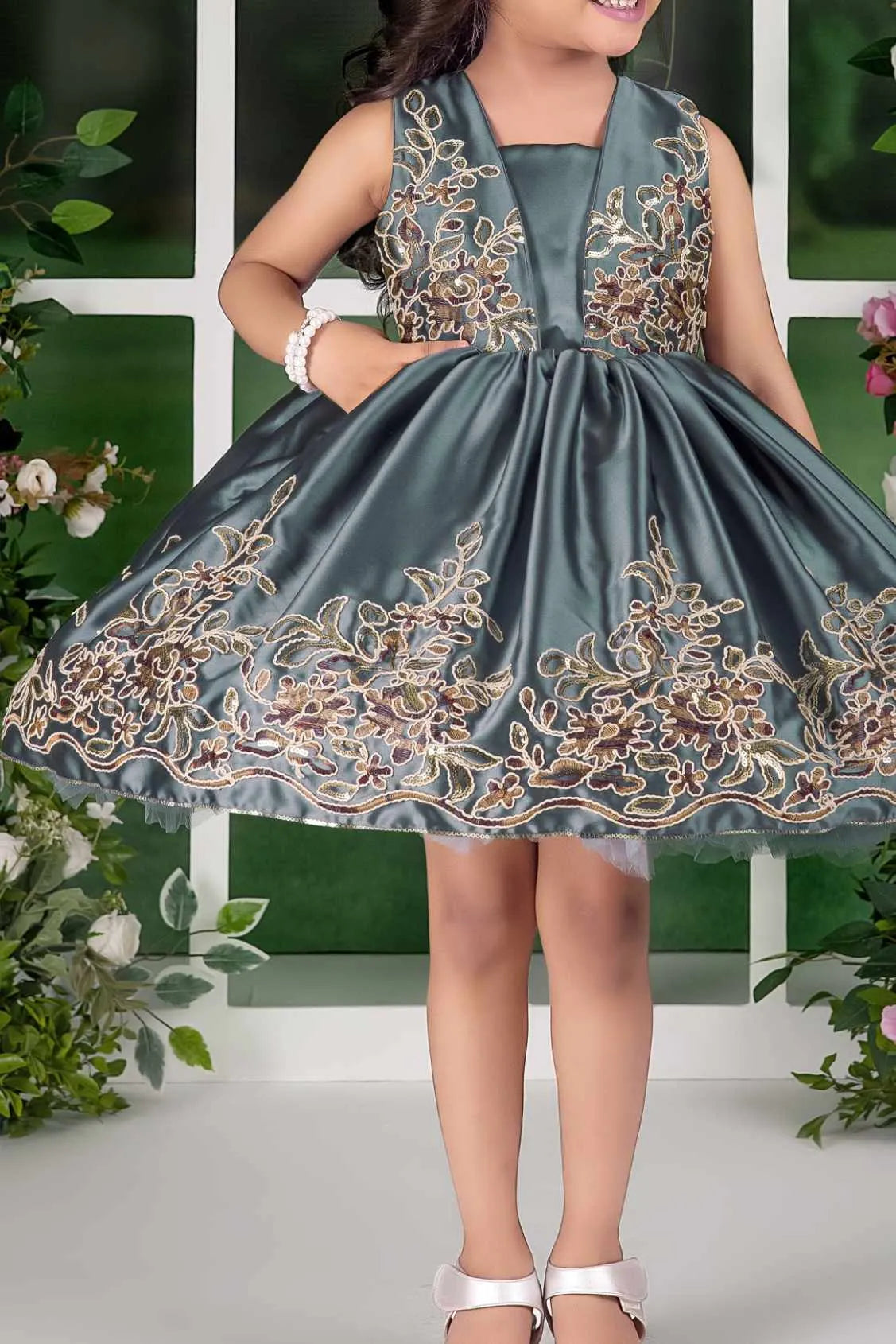 Grey Embroidered Party Frock with Flared Skirt For Girls