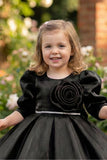 Black Party Wear Frock with Puffy Sleeves & Statement Rose Appliqué For Girls