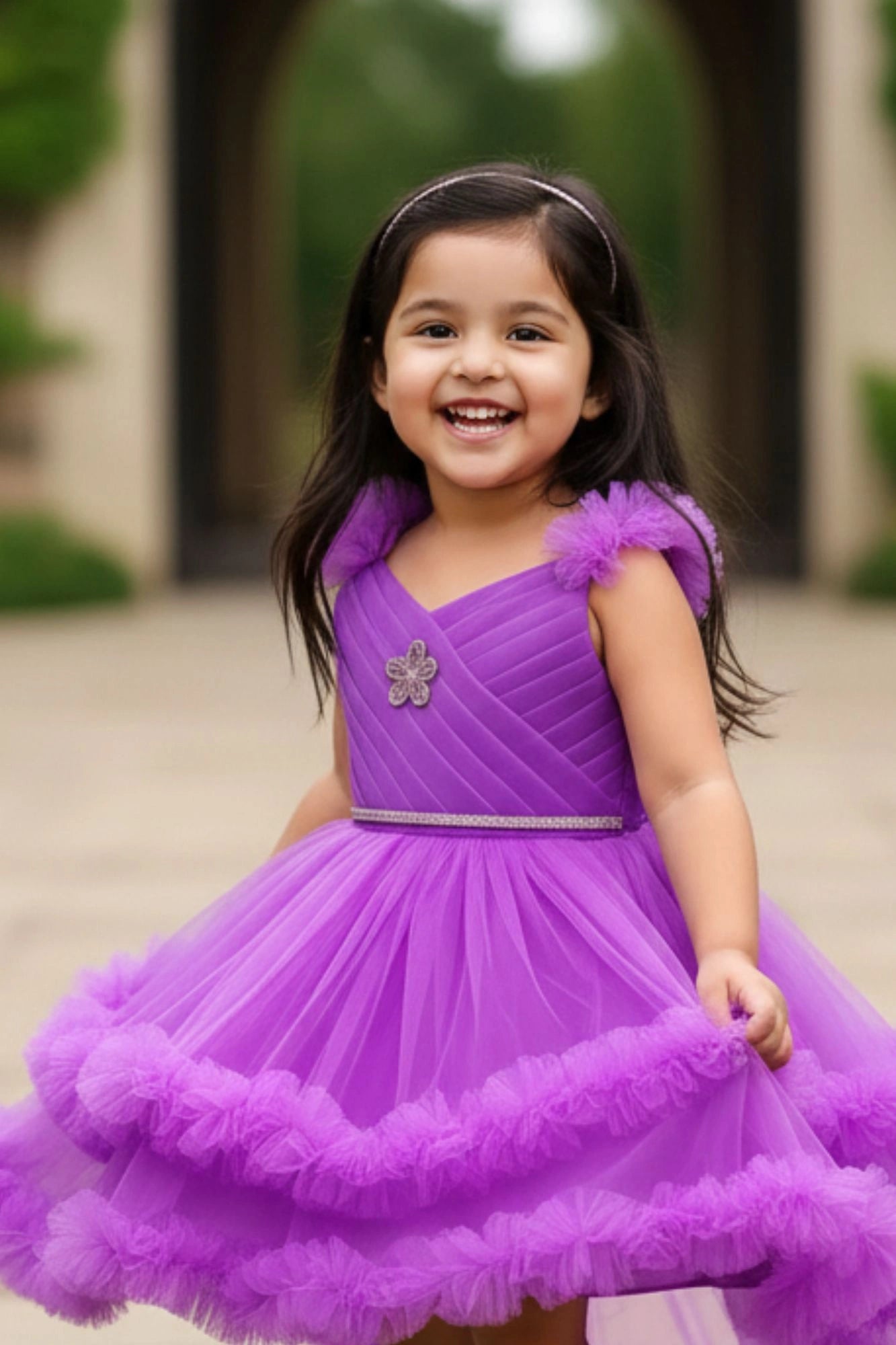 Purple Ruffle Party Frock With Stone Embellished And High-Low Hem For Girls