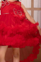 Red Sleeveless And Butterfly Embellished Tailback Frock For Girls