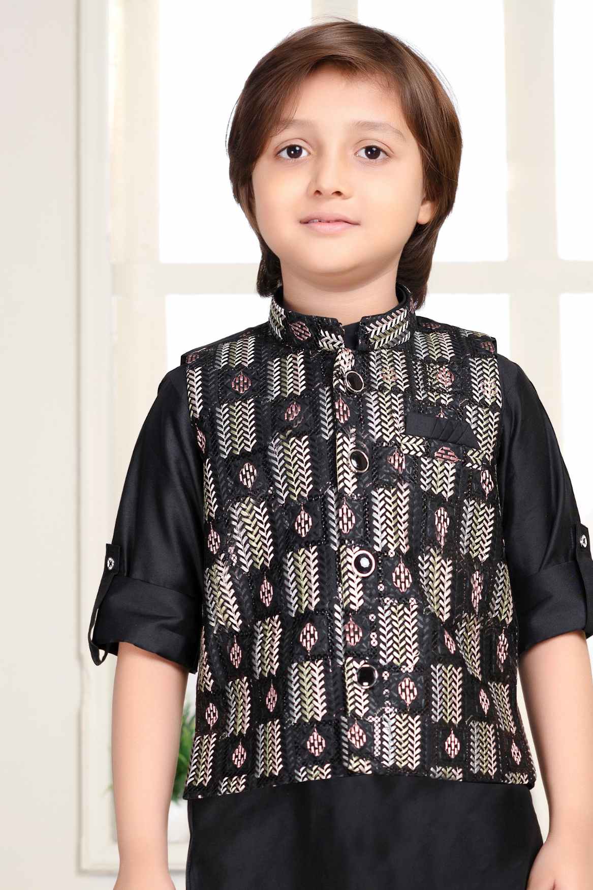 Black Embroidery Kurta Set With Waist Coat Set For Boys