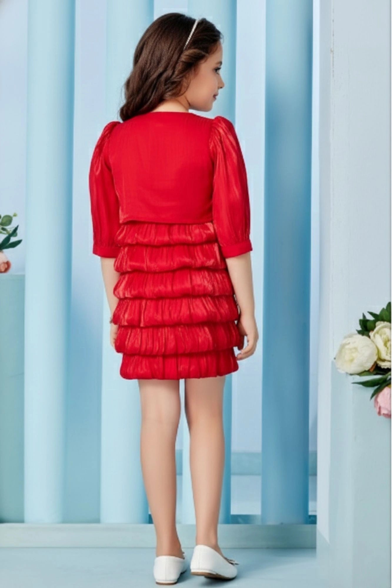 strapless open back dress Red Layered Party Dress With Matching Shrug For Girls 3-4Y(22)