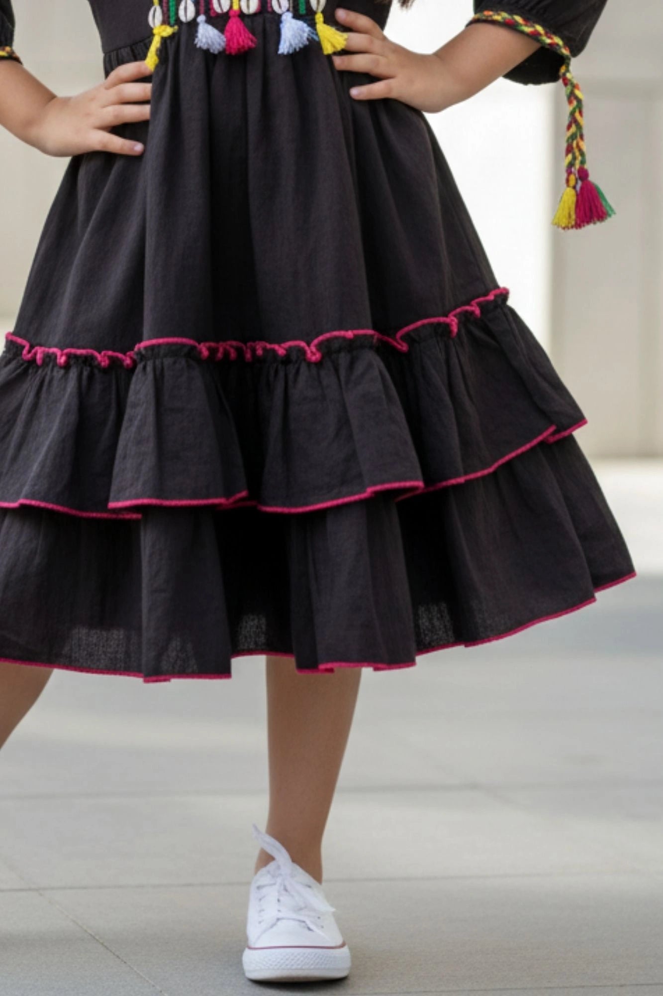 Black Ruffle Tiered Dress with Multicolor Embroidery For Girls