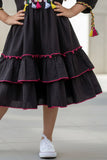 Black Ruffle Tiered Dress with Multicolor Embroidery For Girls
