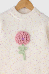 Cream Polo Neck Pullover With Floral Embroidery For Girls