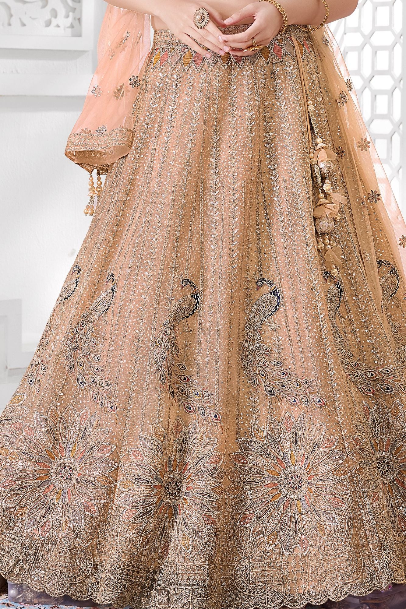Peach Peacock And Floral Embroidered Lehenga Choli with Dupatta For Girls