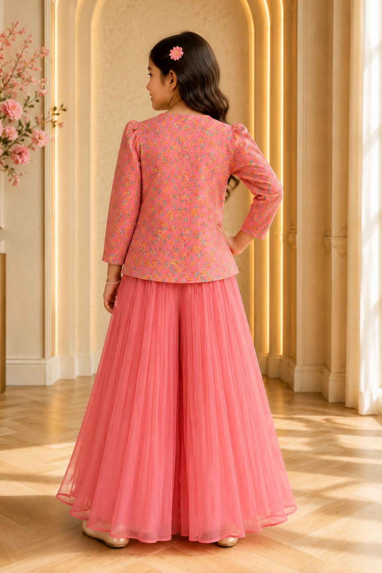 Girls Baby Pink Jacket Style Palazzo Set with Dupatta