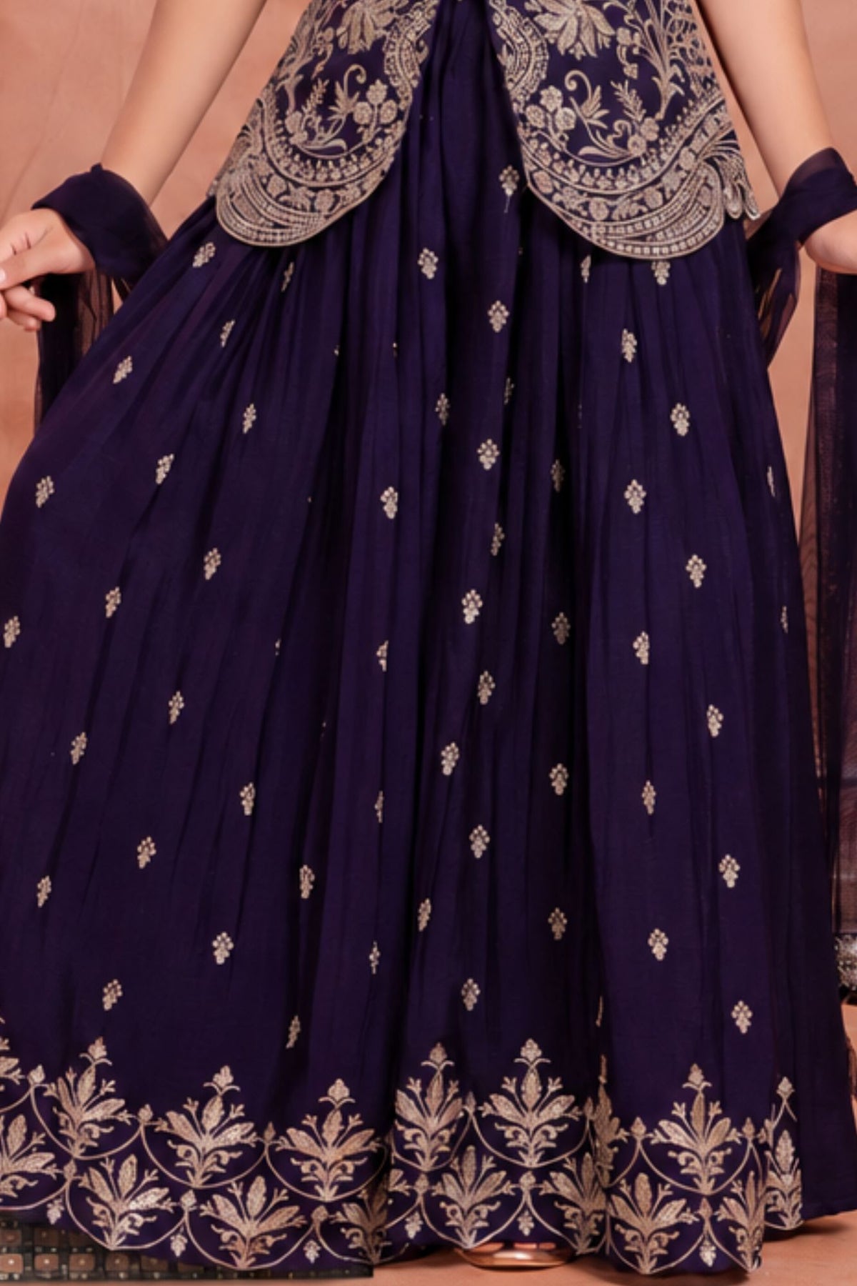 Girls Purple Gold Embroidered Palazzo Set With Dupatta