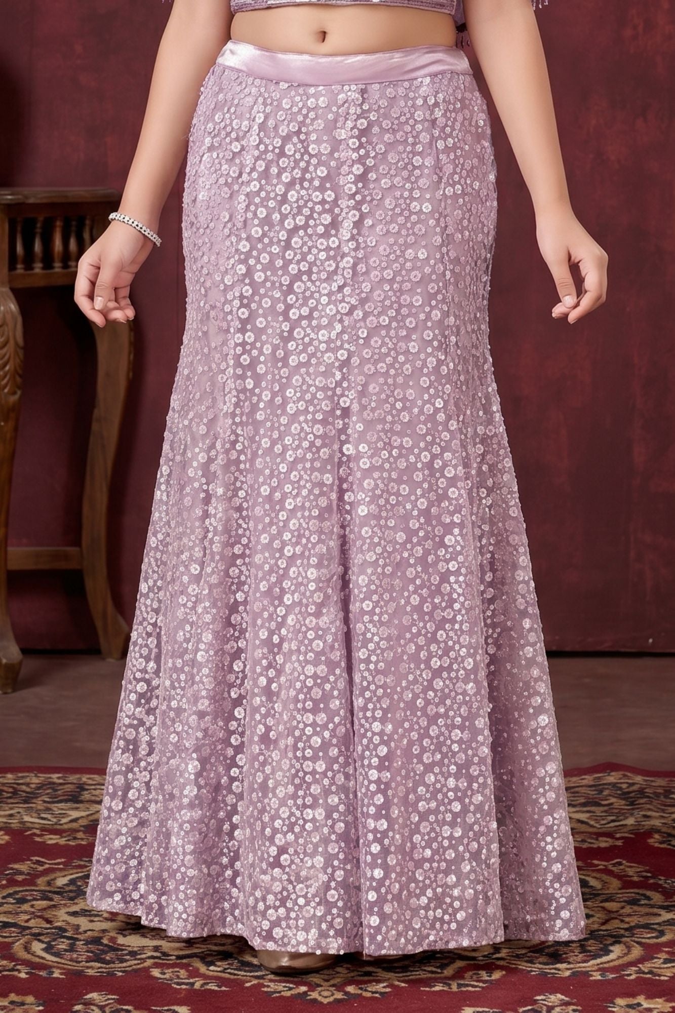 Lavender Sequin Embroidered Cape Style Lehenga Choli For Girls