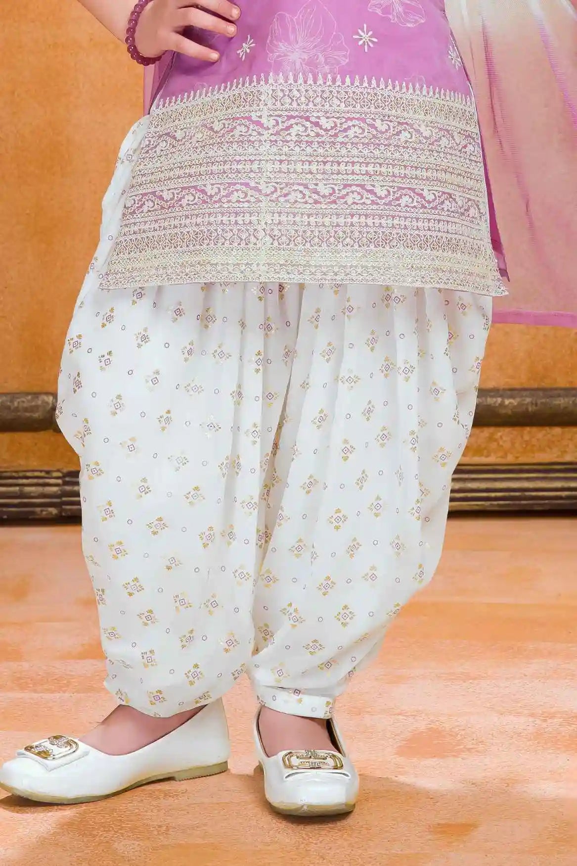 Lavender And White Patiala Set With Embroidered Kurti And Dupatta For Girls