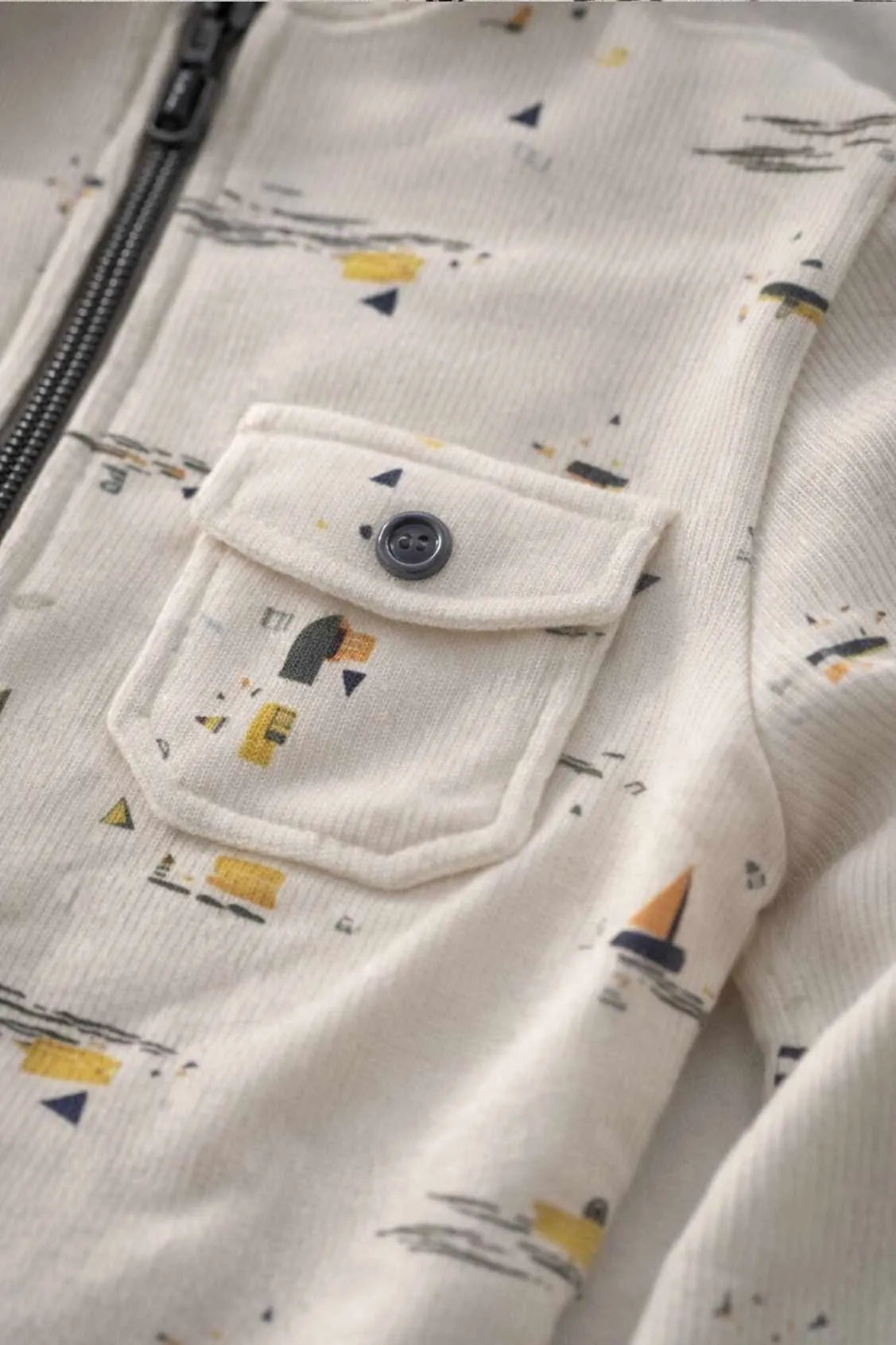 Cream Printed Full-Sleeve Jacket with Front Zip For Boys