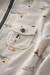 Cream Printed Full-Sleeve Jacket with Front Zip For Boys