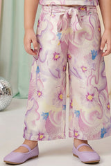 Girls Lilac Floral Printed One-Shoulder Co-Ord Set with Wide-Leg Pants