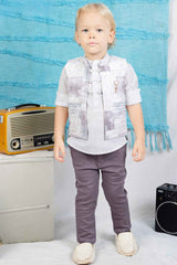 White Shirt And Pant Set With Printed Overcoat For Boys