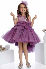 Onion Pink Sleeveless Bushy And Tail Back Frock With Sequin Work For Girls