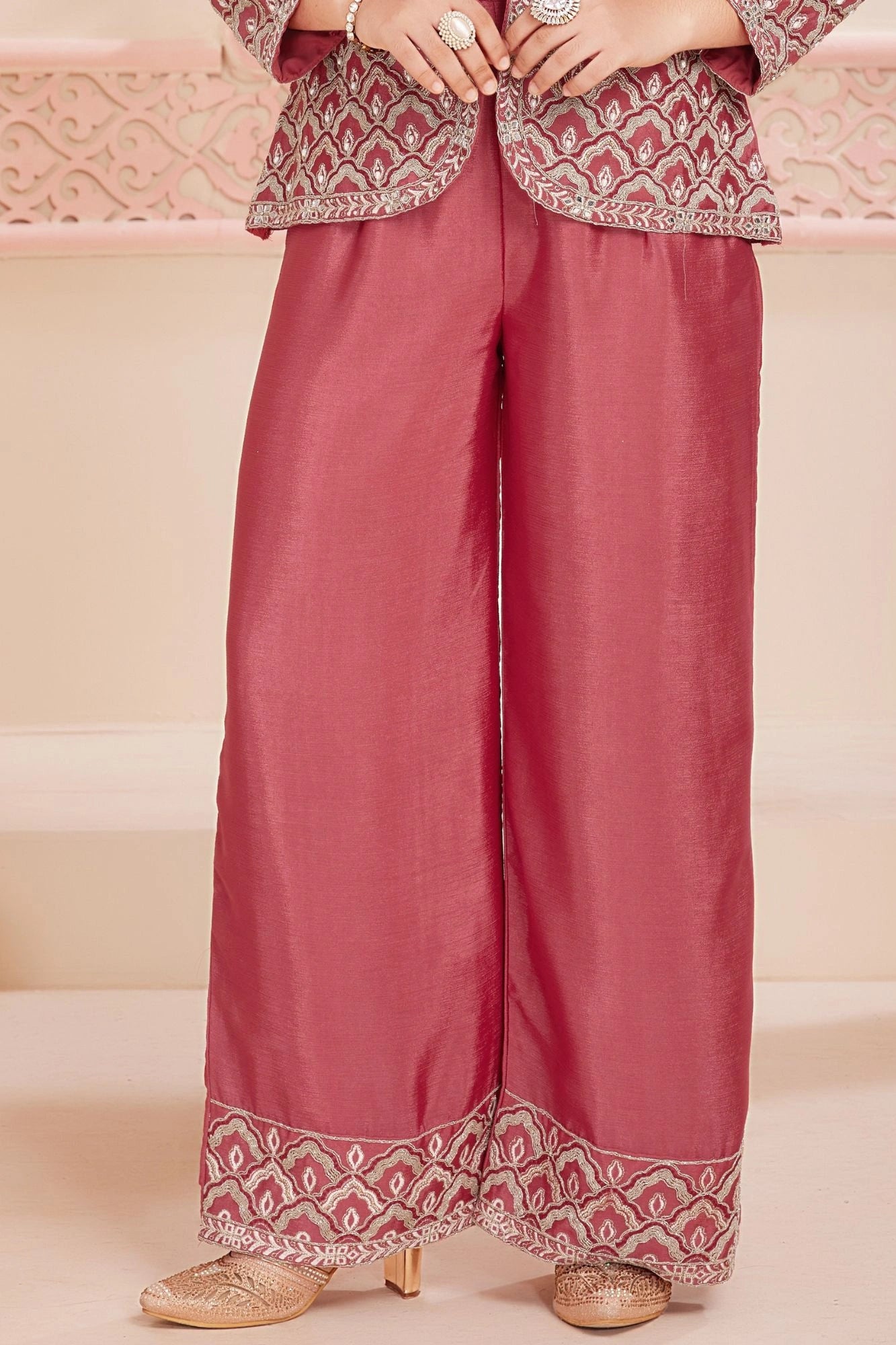 Maroon Embroidered Jacket Palazzo Set For Girls