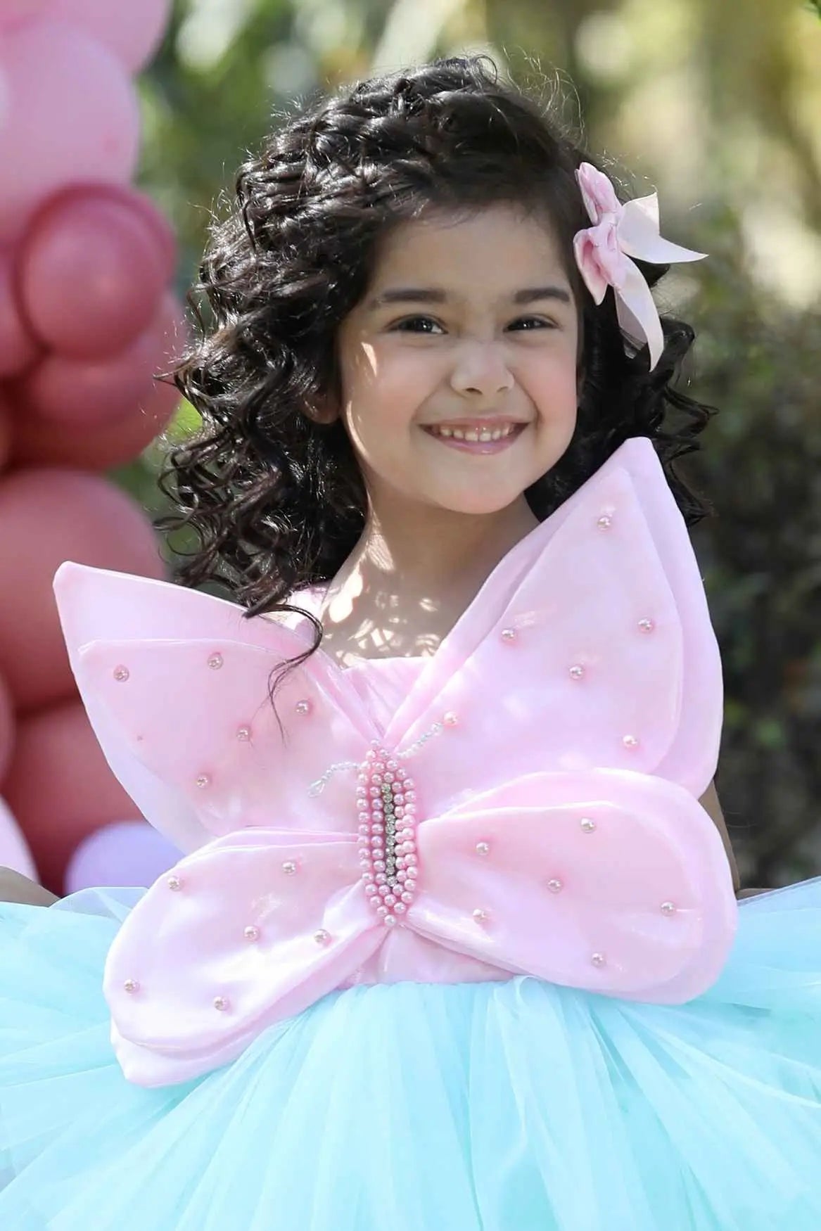 Pink And Sea Green Tulle Tailback Party Wear Frock With 3D Butterfly Embellishment For Girls