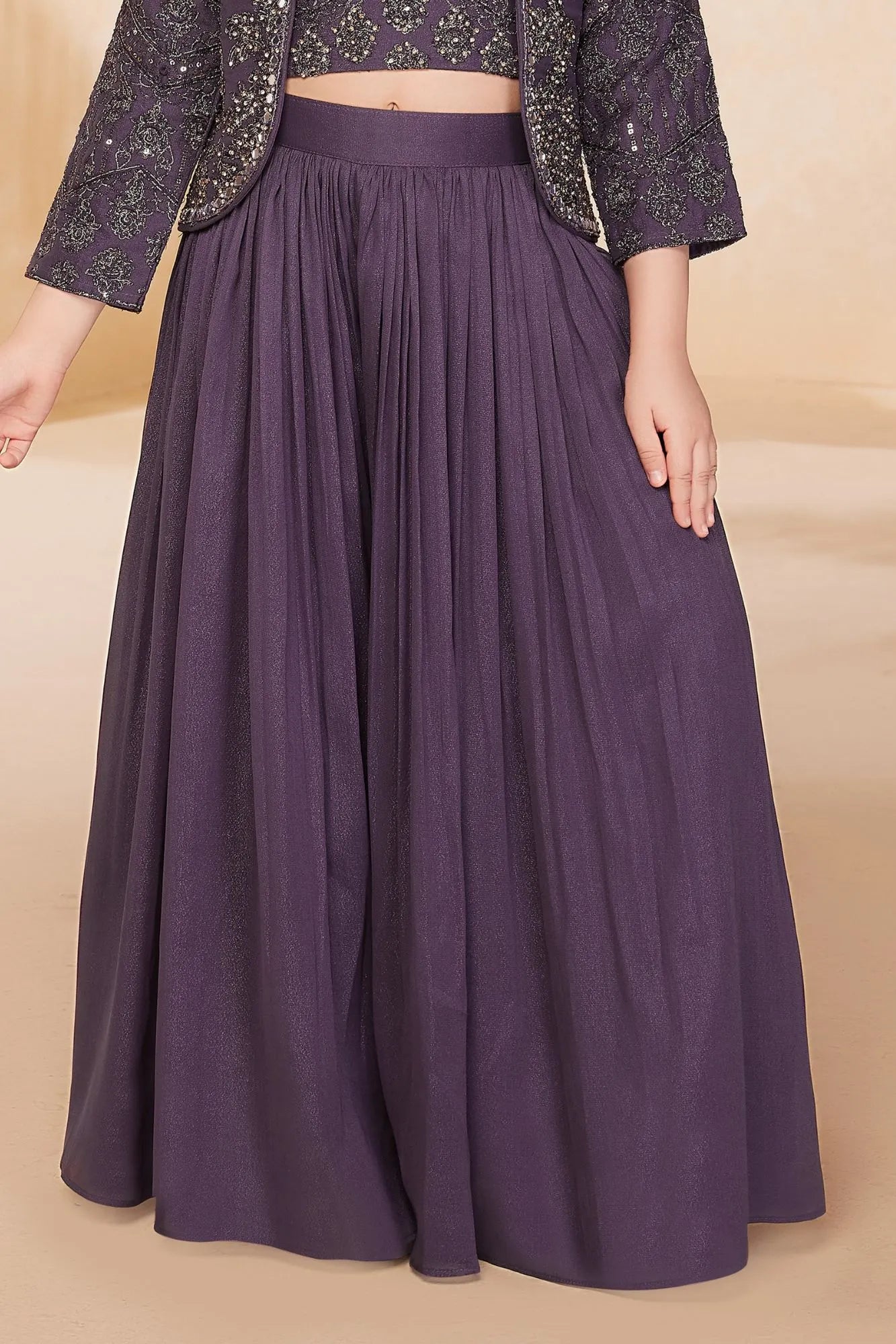 Royal Purple Embroidered Embroidered Palazzo Set With Jacket for Girls