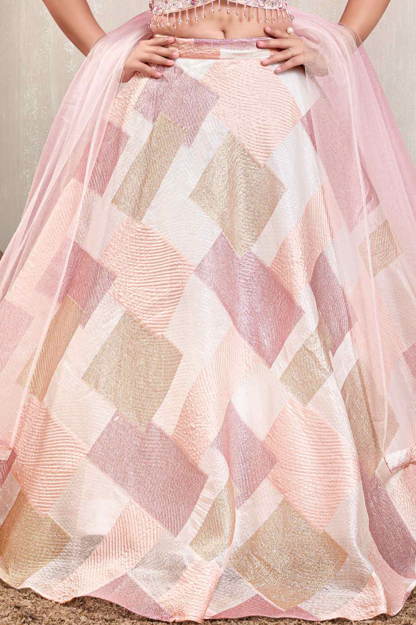Girls Blush Pink Embroidered Lehenga Choli Set with Net Dupatta
