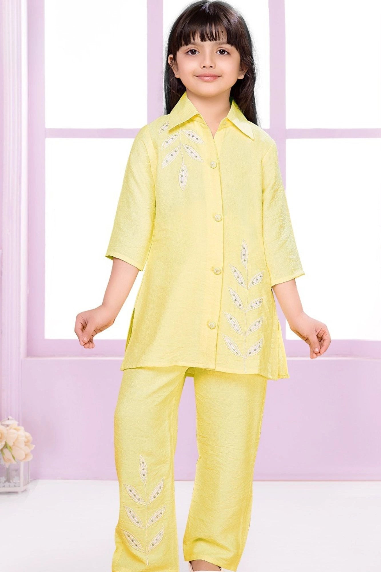 Lemon Yellow Embroidered Casual Co-ord Set for Girls