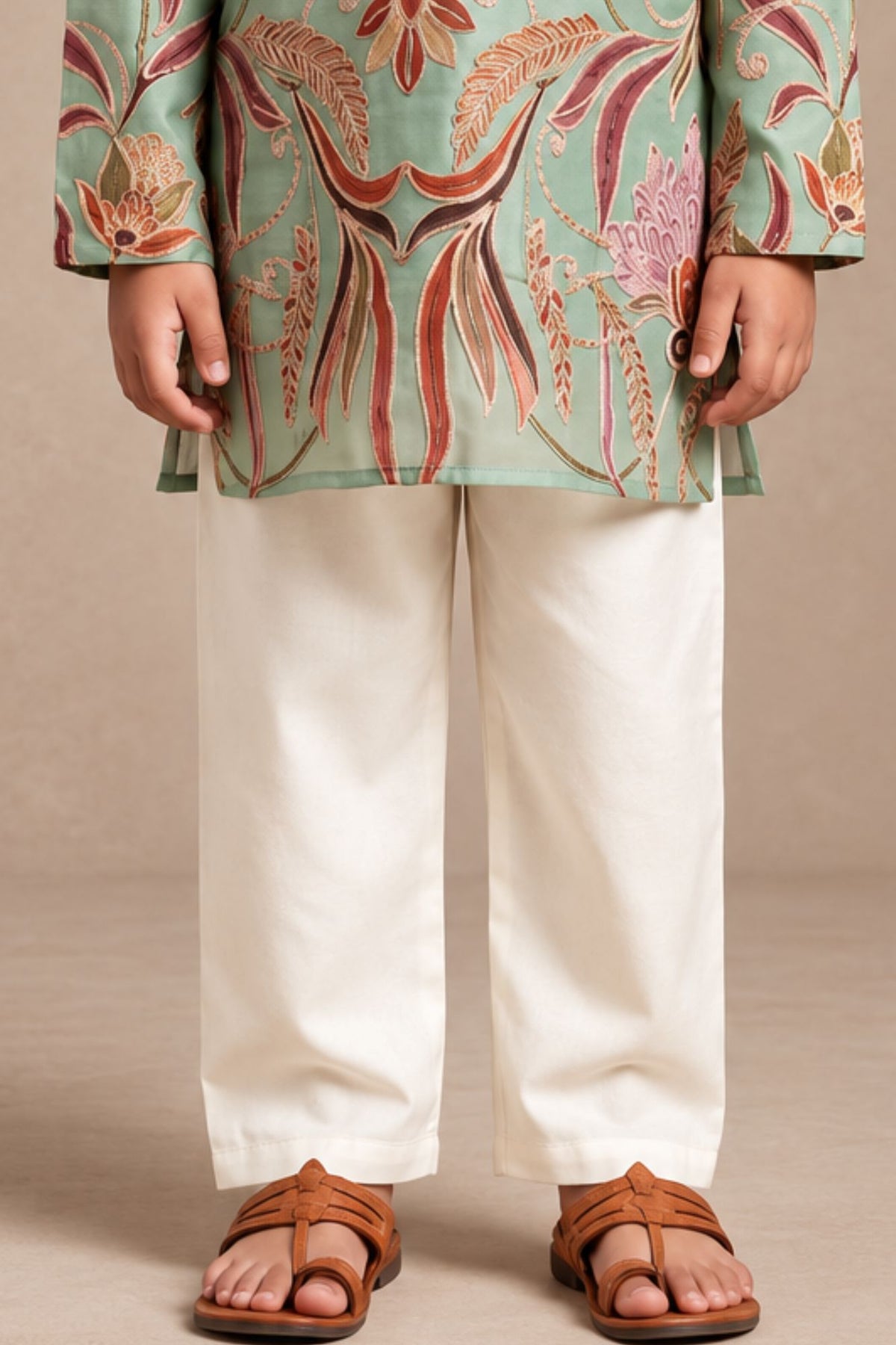 Boys Elegant Pista Green Floral Printed Kurta Set